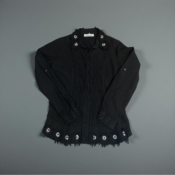 Caamano Tops - Caamano Women’s Size M Black Distressed Embroidered Peruvian Cotton Boho Top